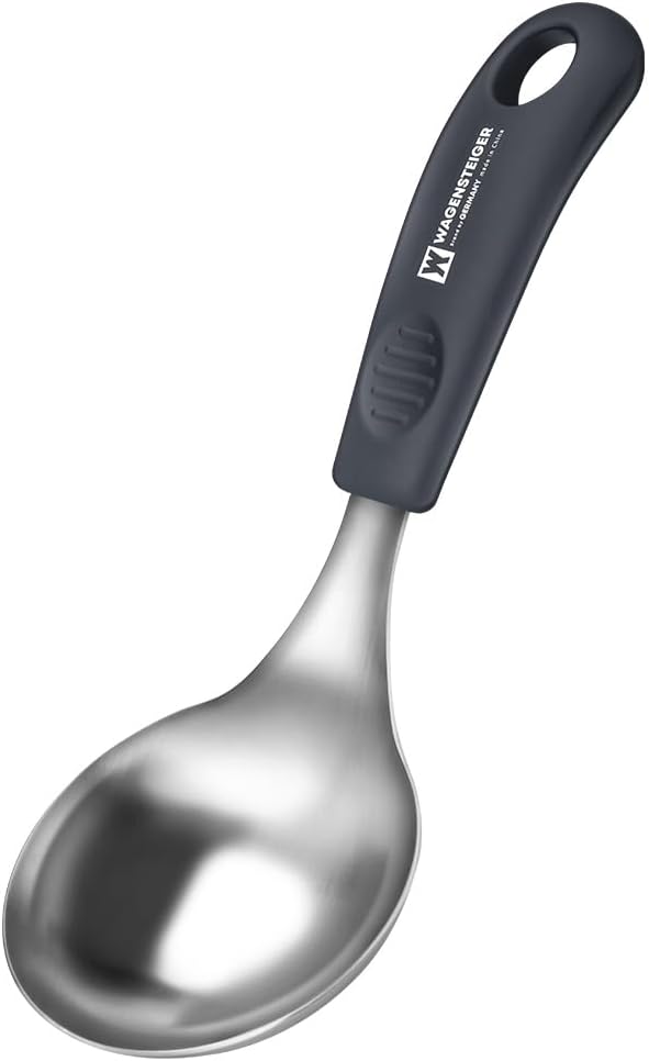 Short Stainless Steel Ladle 220mm (8.6”) – SUS304 Thick Deep Bowl Head with Soft-Grip Silicone Handle – Lightweight Mini Soup & Serving Spoon for Cooking – 5 Color Options (Gray)