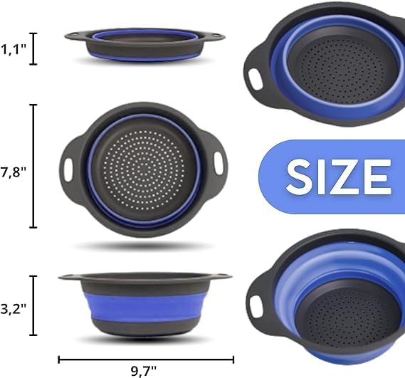 Blue Round Silicone Collapsible Colander – Silicone Round Kitchen Strainers with Plastic Handles Foldable Small Kitchen Strainer Perfect for Draining Pasta Vegetable and Fruit