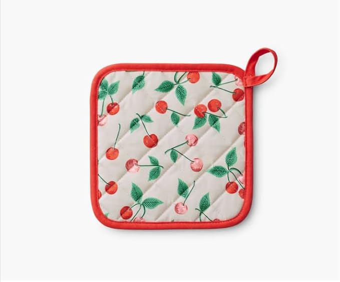RIFLE PAPER CO. Pot Holder, Digitally Printed Cherry Pattern with Contrast Piping, Quilted Diamond Construction, Corner Loop for Hanging, Hand Slot, 8" W x 8" L