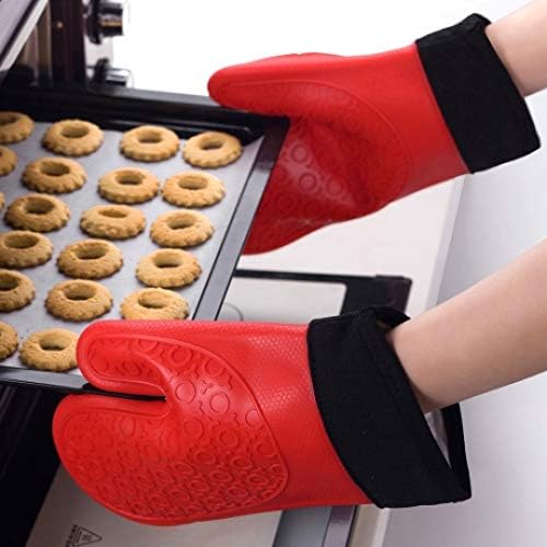 2PCS Red Black Professional Extra Large Silicone Oven Mitts and Pot Holders Oven Gloves Heat Resistant Gloves Kitchen Mittens BBQ Holders for Cooking Grill Rubber for Cooking