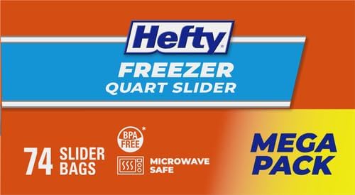 Hefty Slider Freezer Kitchen Storage Bags, Quart Size, 74 Count (Pack of 4)