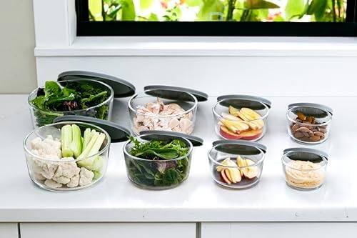 DURA LIVING 16-Piece Glass Food Storage Containers Set (8 Containers + 8 Lids) | Round, Nesting, Microwave & Dishwasher Safe | BPA-Free, Space-Saving | Grey Lids for Pantry & Kitchen Organization