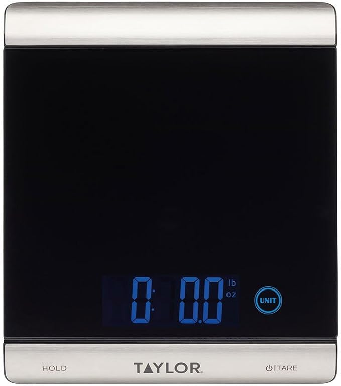 Taylor Pro Ultra High Capacity Digital Kitchen Food Scales, Compact Professional Standard with Precision Accuracy and Tare Feature, Black Glass And Stainless Steel, Weighs 15 kg Capacity