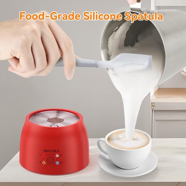 Secura Detachable Milk Frother and Steamer, 17 oz Electric Milk Warmer, 4-in-1 Hot/Cold Foam Maker, Teflon-Free Stainless Steel Jug, Dishwasher Safe for Latte, Macchiato, Hot Chocolate (Red)