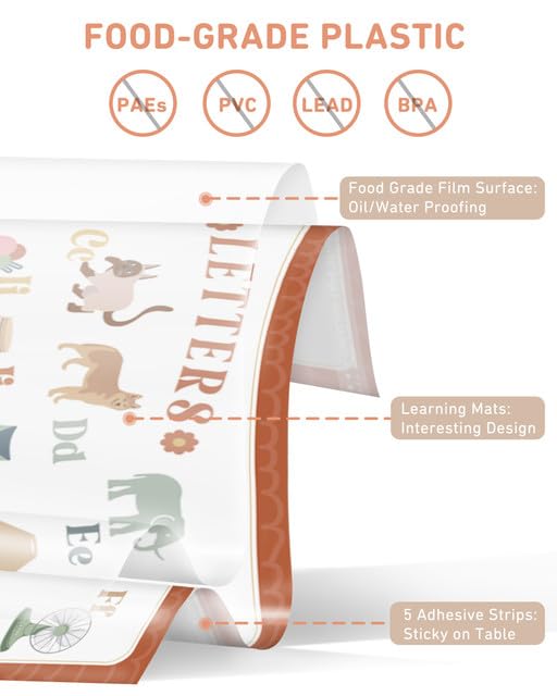 Babebay Disposable Placemats for Baby, 60 Pack Sticky Toddler Placemat for Restaurants, Dining Table, Party, Travel, 12" x 18" with 4 Designs