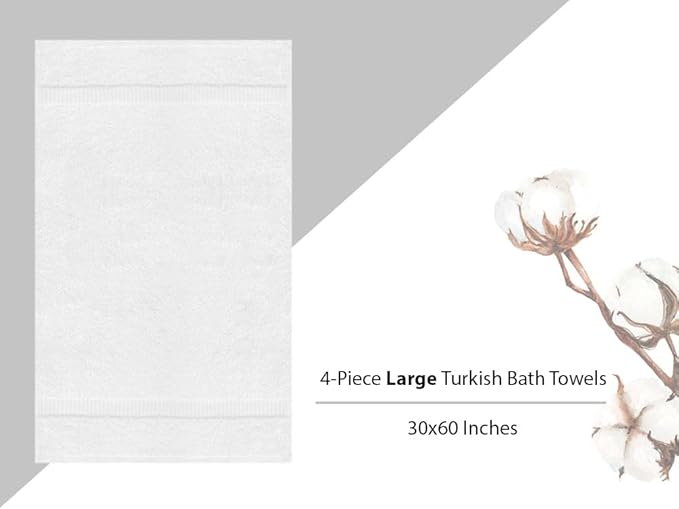 Towel Bazaar Premium Cotton Super Soft and Absorbent Turkish Towels (4-Piece Extra Large Bath Towels, White)