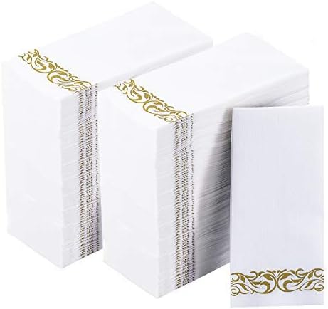 200 Disposable Hand Towels Soft and Absorbent Linen Feel Dinner Napkin Durable Decorative Bathroom Hand Napkins Good for Kitchen, Thanksgiving, Parties, Weddings, Dinners or Events White and Gold