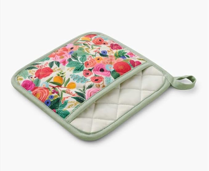 RIFLE PAPER CO. Pot Holder, Heat Resistant, Digitally Printed Quilted Garden Party Pattern with Contrast Piping, Corner Loop for Hanging, Hand Slot, 8" W x 8" L