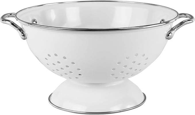 Reston Lloyd, 3 Quart Powder Coated Steel Kitchen Strainer Basket for draining Pasta, Vegetable and Fruit, Chrome Handles and Wide Stable Base, White