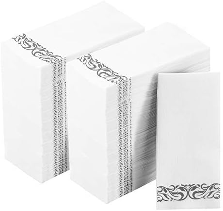 200 Disposable Hand Towels Soft and Absorbent Linen Feel Dinner Napkin Durable Decorative Bathroom Hand Napkins Good for Kitchen, Parties, Weddings, Dinners or Events White and Silver
