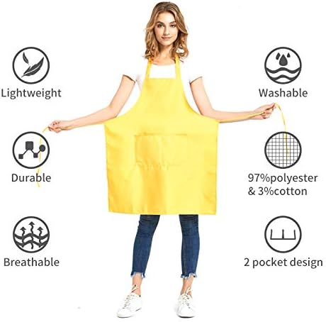 DUSKCOVE 8 Pack Bib Aprons Bulk - Unisex Yellow Commercial Apron with 2 Pockets for Kitchen Crafting BBQ Drawing Cooking