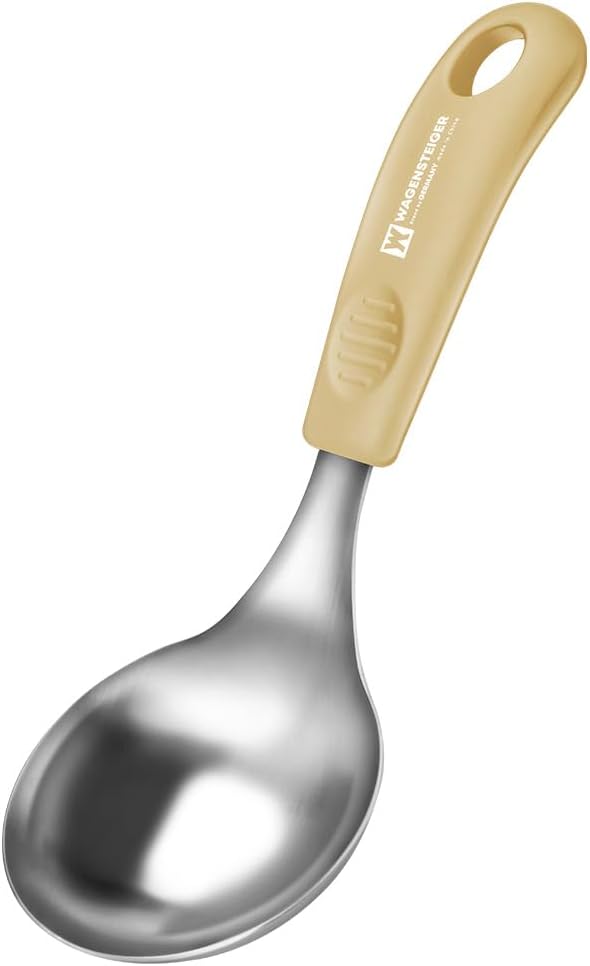 Short Stainless Steel Ladle 220mm (8.6”) – SUS304 Thick Deep Bowl Head with Soft-Grip Silicone Handle – Lightweight Mini Soup & Serving Spoon for Cooking – 5 Color Options (Yellow)