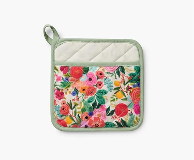 RIFLE PAPER CO. Pot Holder, Heat Resistant, Digitally Printed Quilted Garden Party Pattern with Contrast Piping, Corner Loop for Hanging, Hand Slot, 8" W x 8" L