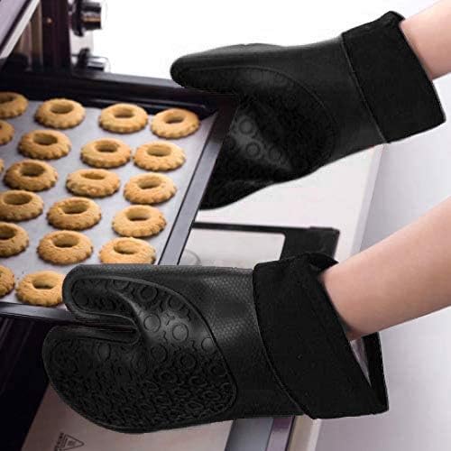 2PCS Black Professional Extra Large Silicone Oven Mitts and Pot Holders Oven Gloves Heat Resistant Gloves Kitchen Mittens BBQ Holders for Cooking Grill Rubber for Cooking