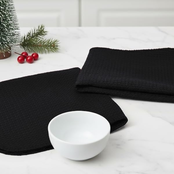 PurpleEssences Dish Cloths and Dish Rags - 8 Pack Waffle Weave Solid Kitchen Dish Wash Cloths, 100% Cotton, 12x12 Inches, Ultra Soft Absorbent Quick Drying - Spring Easter Summer - Black
