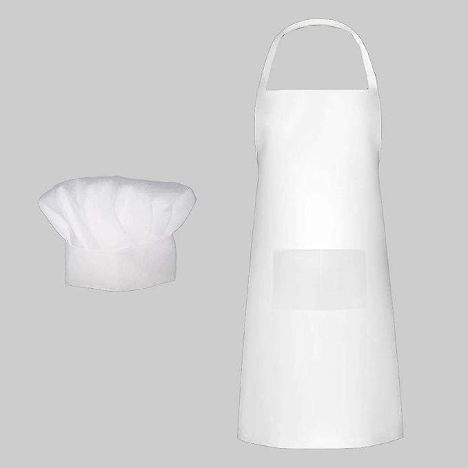 White Chef hat and Apron for Adults Men Women, Cooking Grilling BBQ Kitchen Chef Apron and Butcher Hat Set (1, White)