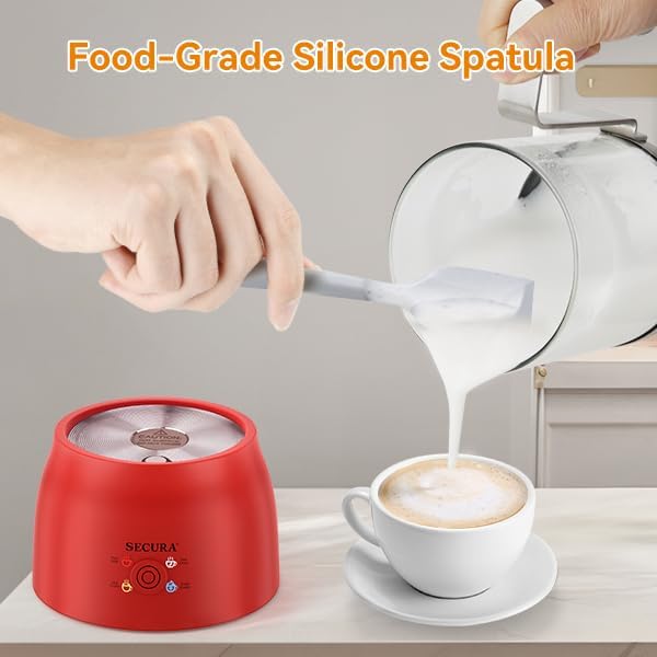 Secura Detachable Milk Frother and Steamer, 17oz Electric Milk Warmer 4-in-1 Hot/Cold Foam Maker, Teflon-Free and Non-Stick Coating-Free Glass Milk Jug, Dishwasher Safe for Latte, Hot Chocolate (Red)