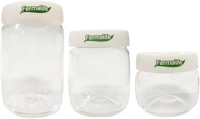 FERMALIFE - Food Storage Jar Containers, Borosilicate Glass Vacuum Seal Lids, Airtight Food Pantry Seal, Flour, Cereal, Pasta, Grains, Oats Canister | Size: 13.5oz, 27oz, 41oz (3pc set - WHITE)