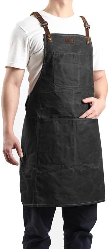 Midkit Utility Apron Adjustable Cross-Back Straps Multi-Use Portable 8oz Waxed Canvas Aprons With 5 Tool Pockets Fits M- 3XL
