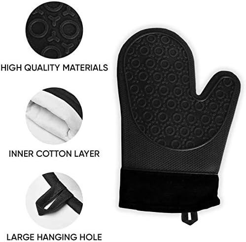 2PCS Black Professional Extra Large Silicone Oven Mitts and Pot Holders Oven Gloves Heat Resistant Gloves Kitchen Mittens BBQ Holders for Cooking Grill Rubber for Cooking