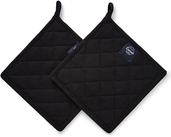 Encasa XO Heat Resistant Cotton Pot Holders with Hanging Loop - Set of 2 - Full Black - Multipurpose Quilted Everyday Hot Pad for Kitchen, Camping, BBQ & Microwave - 8x8 in