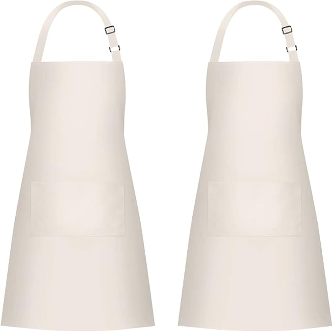 Jubatus 2 Pack 100% Cotton Aprons with 2 Pockets Cooking Chef Kitchen Adjustable Bib Apron for Women Men, Beige