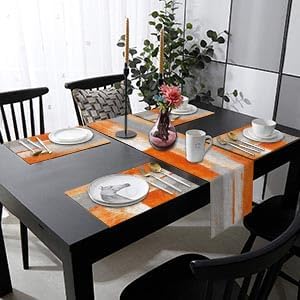 ArtSocket Farmhouse Table Runner and Placemats Set of 6, Abstract Orange Grey Painting Art Dining Decor for Daily Use(1 Table Runner 72 inches Long and 6 Placemats)