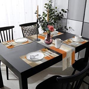 Emvency Farmhouse Table Runner and Placemats Set of 6, Cotton-Linen Modern Orange and White Painting Art Dining Table Decor for Daily Use(1 Table Runner 72 inches Long and 6 Placemats)