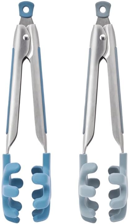 Farberware Silicone Tip Kitchen Tongs Set with Stainless Steel and Flex Grip Handles Mini Tongs for Cooking, Serving, and Entertaining in Blue and Light Green, Dishwasher Safe, 9 Inch, 2 Piece