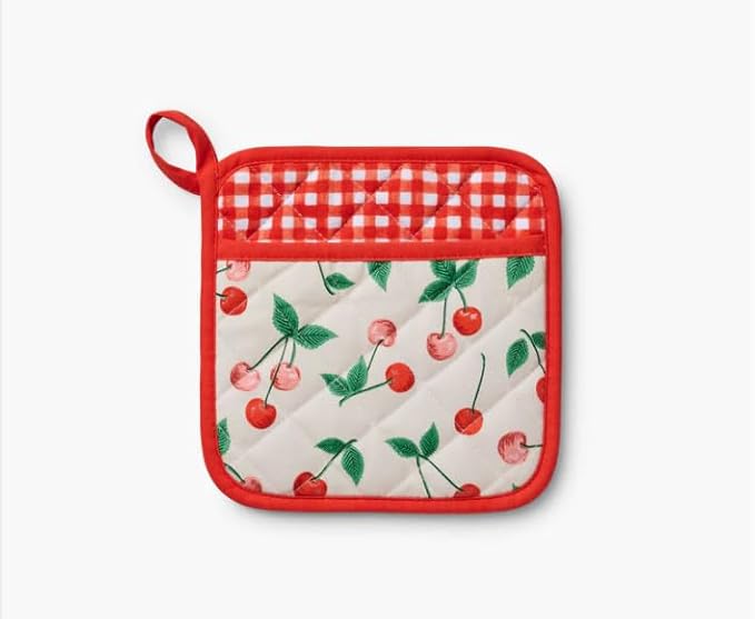 RIFLE PAPER CO. Pot Holder, Digitally Printed Cherry Pattern with Contrast Piping, Quilted Diamond Construction, Corner Loop for Hanging, Hand Slot, 8" W x 8" L