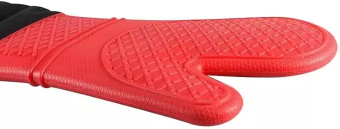 Linwnil Extra Long Silicone Oven Mitts Heavy Duty Commercial Grade Oven Mitts Heat Resistant BBQ Gloves with Quilted Cotton Lining 2 Pack (Red)