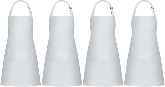 Jubatus 4 Pack Bib Aprons with 2 Pockets Cooking Chef Kitchen Apron for Women Men, White