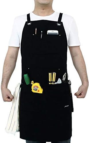 Heavy Duty Canvas Work Apron,Tool Pockets, Back Straps Adjustable（black）