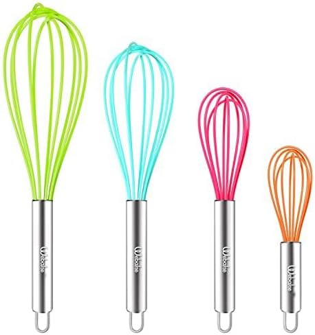 Webake Silicone Whisk Large Medium Small and Mini Whisk Set of 4, Heat Resistant Non-scratch Coated Kitchen Whisks for Cooking Nonstick Cookware, 4 Color Balloon Egg Wisk