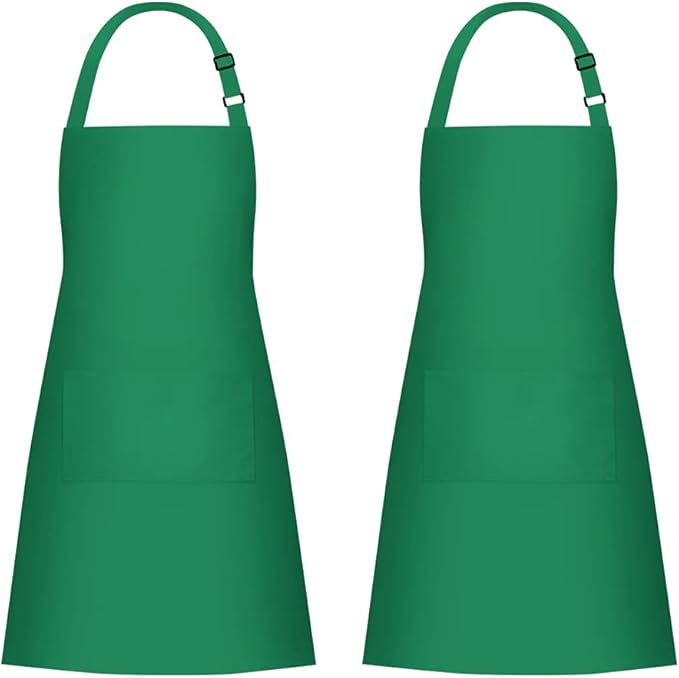 Jubatus 2 Pack 100% Cotton Aprons with 2 Pockets Cooking Chef Kitchen Adjustable Bib Apron for Women Men, Green