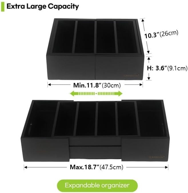 CLEANCLUE Expandable Kitchen Cabinet Organizer for Food Storage Container Lids, Bamboo Drawer Caddy Adjustable Dividers, Box for Kitchen Storage and Organization, Lids Organizer for Cabinet (Black)
