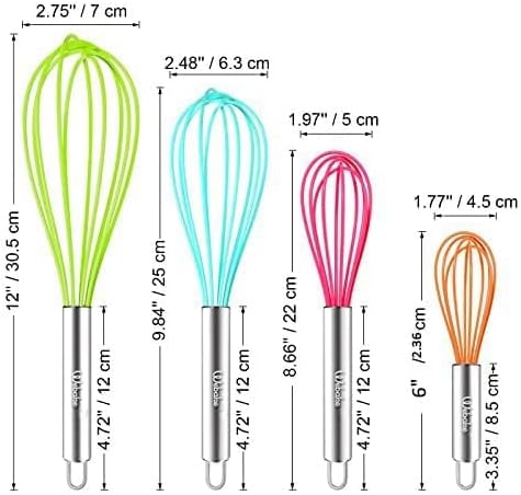 Webake Silicone Whisk Large Medium Small and Mini Whisk Set of 4, Heat Resistant Non-scratch Coated Kitchen Whisks for Cooking Nonstick Cookware, 4 Color Balloon Egg Wisk