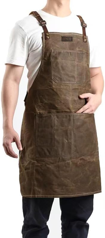 Midkit Utility Apron Adjustable Cross-Back Straps Multi-Use Portable 8oz Waxed Canvas Aprons With 5 Tool Pockets Fits M- 3XL