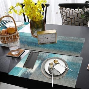 ArtSocket Farmhouse Table Runner and Placemats Set of 6, Abstract Green Blue Grey Teal Painting Art Dining Decor for Daily Use(1 Table Runner 72 inches Long and 6 Placemats)