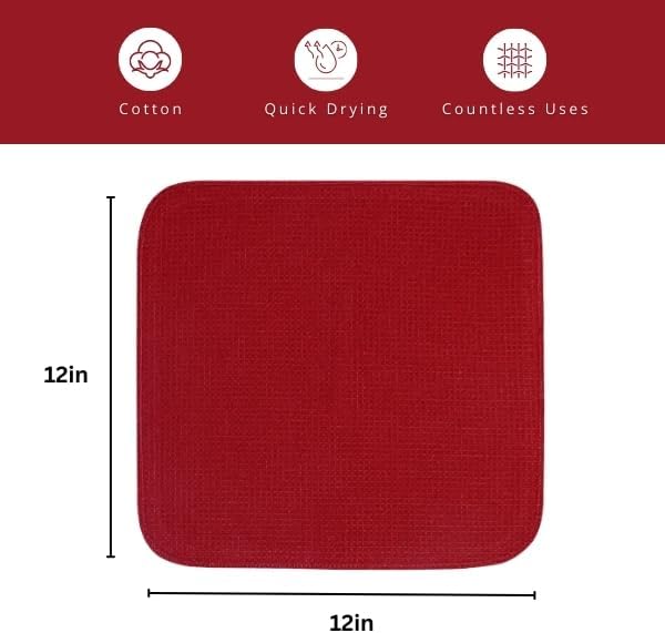 PurpleEssences Dish Cloths and Dish Rags - 6 Pack Waffle Weave Solid Kitchen Dish Wash Cloths, 100% Cotton, 12x12 Inches, Ultra Soft Absorbent Quick Drying - Spring Easter Summer - Red