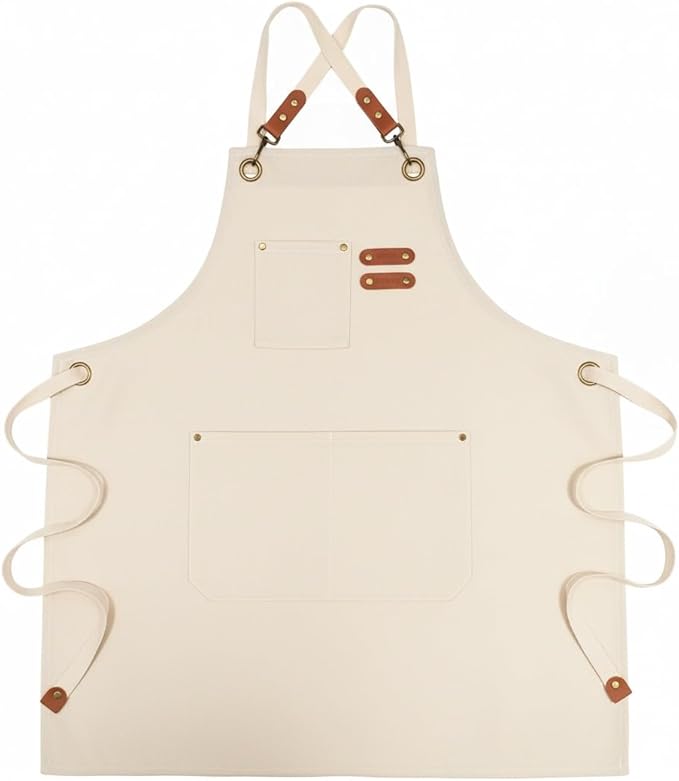 Chef Apron with Large Pockets for Women Men, Cotton Canvas Cross Back Water Repellent Adjustable Work Apron