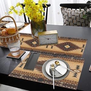 ArtSocket Western South Table Runner and Placemats Set of 6, Ethnic Boho Tribal Aztec Colorful Flower Dining Decor for Daily Use(1 Table Runner 72 inches Long and 6 Placemats)