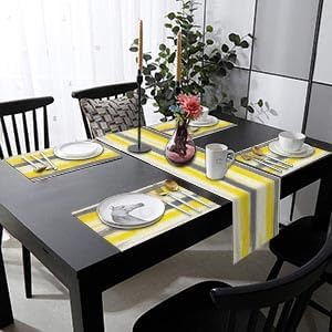 Emvency Yellow Grey White Abstract Painting Table Runner and Placemats Set of 6,Watercolor Painting Art Dining Decor for Daily Use(1 Table Runner 72 inches Long and 6 Placemats)