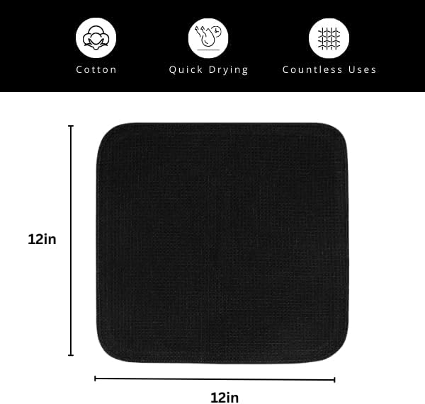 PurpleEssences Dish Cloths and Dish Rags - 8 Pack Waffle Weave Solid Kitchen Dish Wash Cloths, 100% Cotton, 12x12 Inches, Ultra Soft Absorbent Quick Drying - Spring Easter Summer - Black