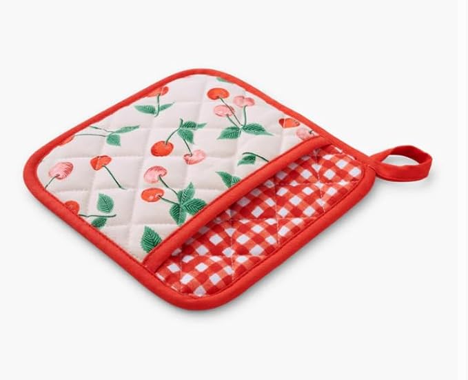 RIFLE PAPER CO. Pot Holder, Digitally Printed Cherry Pattern with Contrast Piping, Quilted Diamond Construction, Corner Loop for Hanging, Hand Slot, 8" W x 8" L