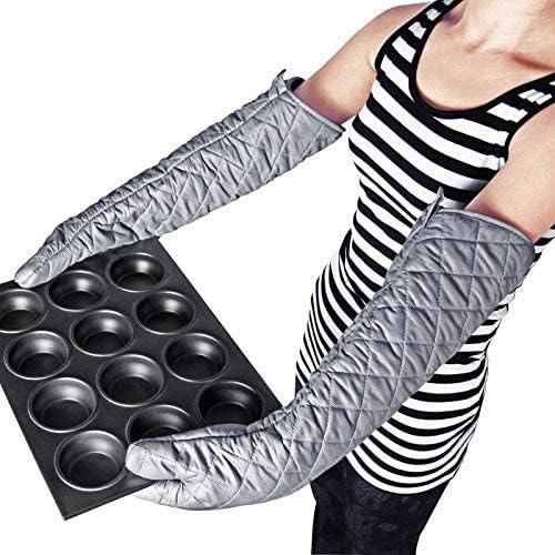 Extra Long Oven Mitts Heat Resistant Cotton Lining Oven Thick Gloves Kitchen Food Service Mittens for Pot Holders Cooking Baking BBQ (24 Inch Silver -1pair)