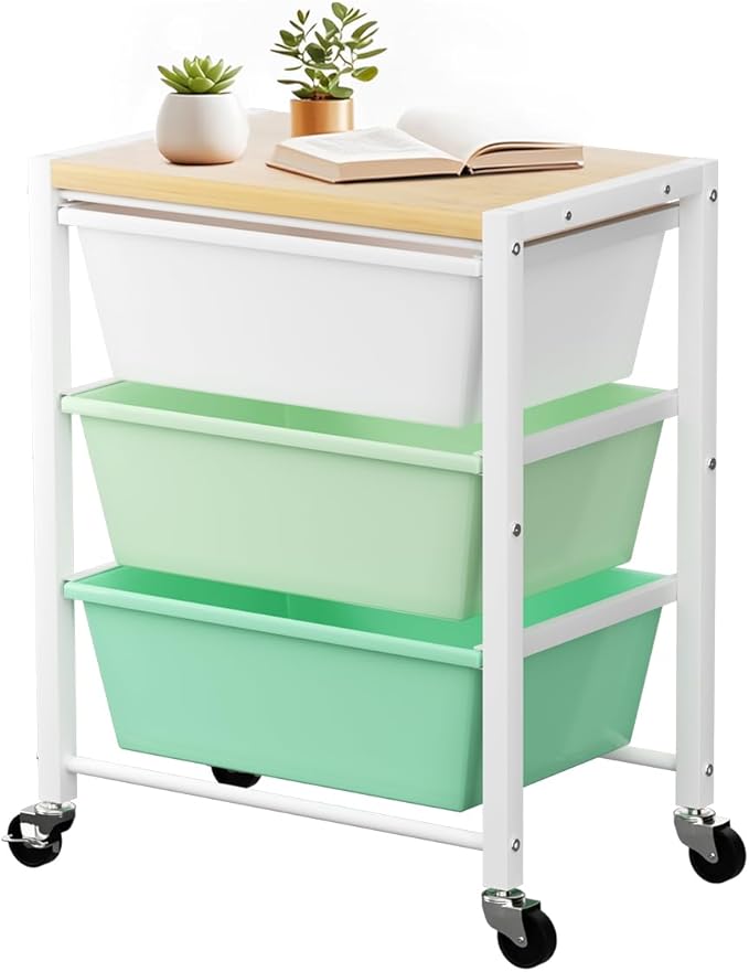 Rolling Cart with 3 Drawers, Plastic Drawer Storage Carts with Lockable Wheels & Wooden Tabletop, Metal Utility Cart Organizer, Office Bedroom Classroom Craft Organization and Storage, Bright Green