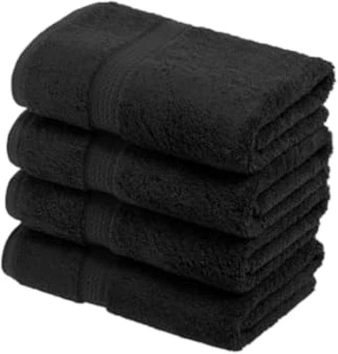 SUPERIOR Egyptian Cotton Pile Hand Towel Set of 4, Ultra Soft Luxury Towels, Thick Plush Essentials, Absorbent Heavyweight, Guest Bath, Hotel, Spa, Home Bathroom, Shower Basics, Black