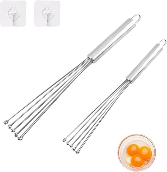 2 Pieces Stainless Steel Ball Whisk Wire Egg Whisk Set and 2 Hooks Kitchen Whisks for Cooking, Blending, Beating, Whisking, Stirring (12" and 10")