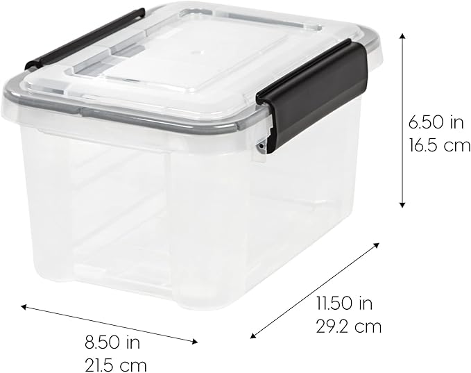 IRIS USA WeatherPro 6 Qt Storage Bins with Lids, 6 Pack, BPA-Free Plastic Gasket Box with Tight Latch and Seal, Stackable Nestable Tote Tub - Clear/Black